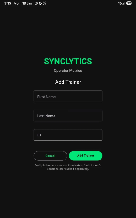 Operator Metrics trainer setup screen